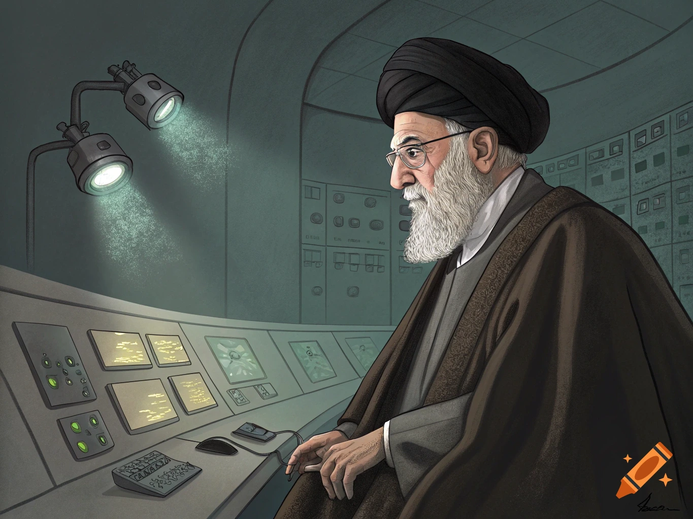 Illustration of a man resembling Ayatollah Khamenei at a control panel.