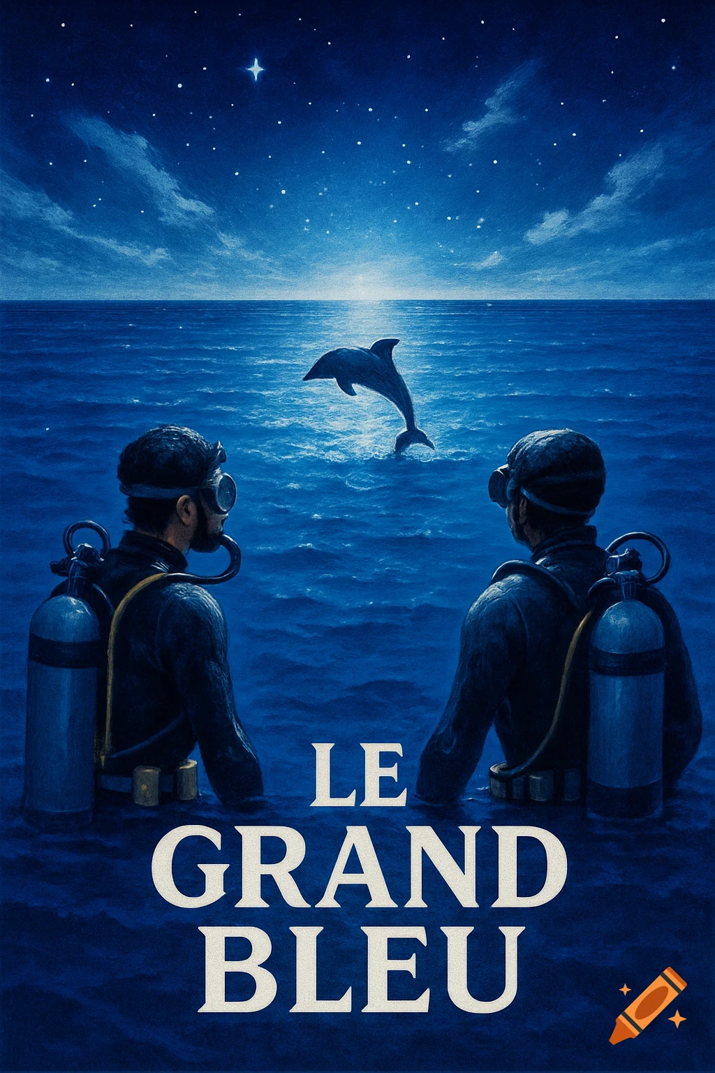 Movie poster illustration of divers watching a dolphin jump from the ocean under a starry night sky, with the title LE GRAND BLEU.
