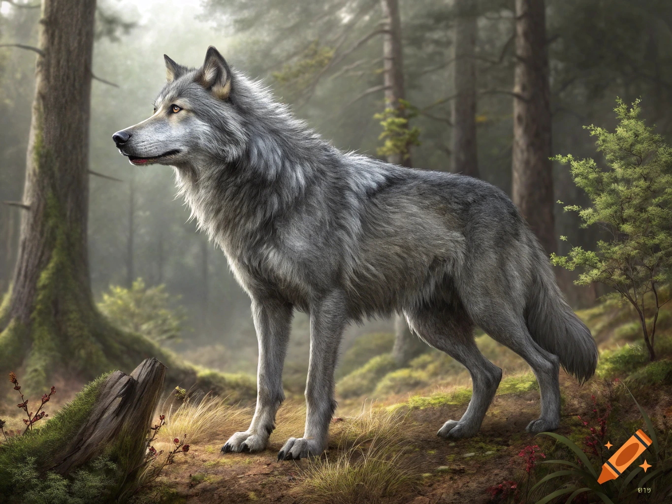 A realistic grey wolf stands in a sunlit forest.