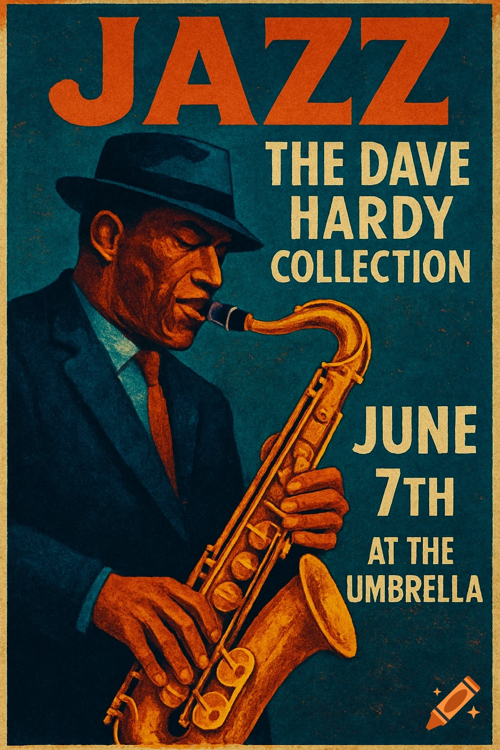 Vintage-style jazz poster featuring a man playing a saxophone and concert details.