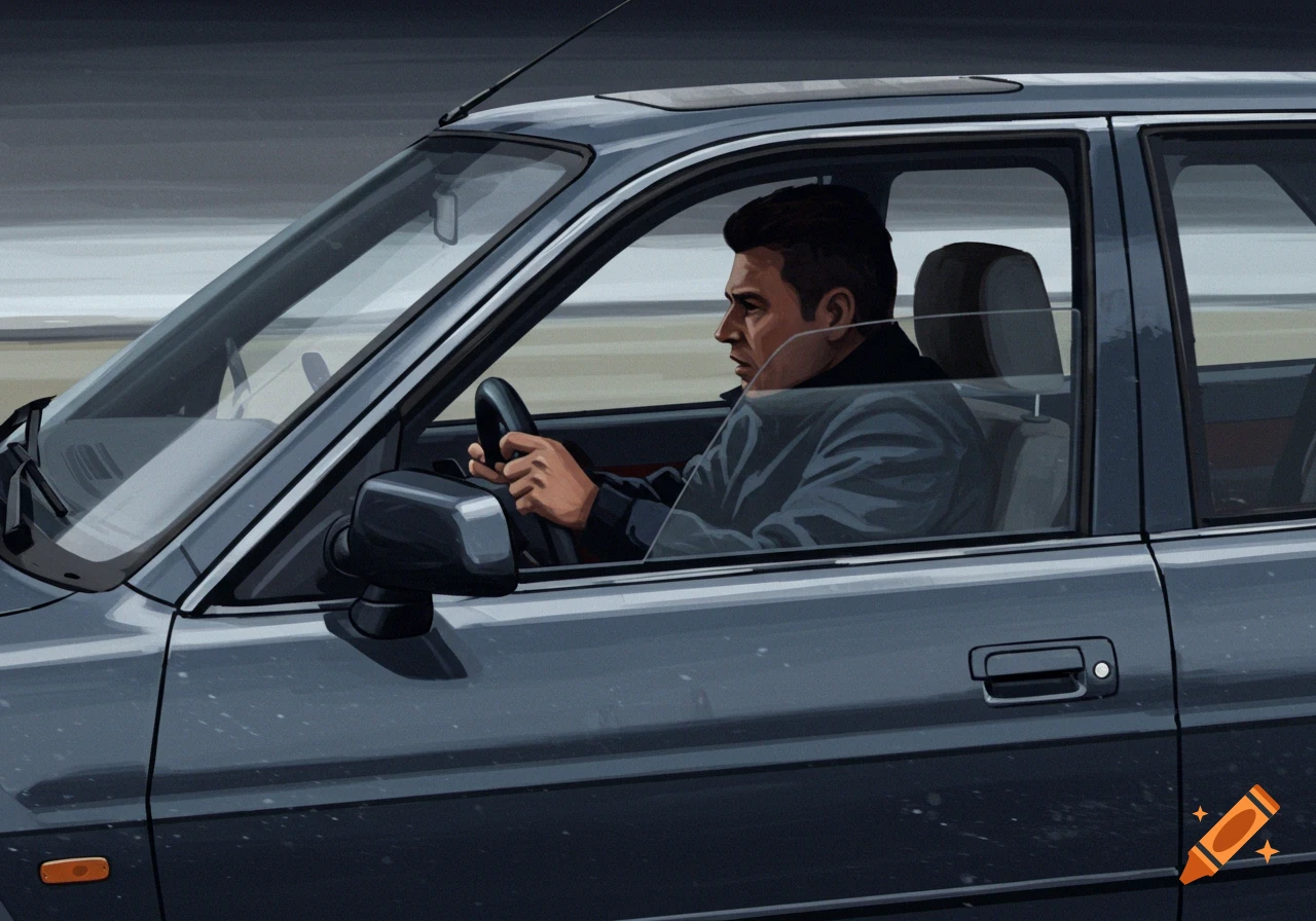 Illustration of a man driving a grey car, seen through the driver's side window.
