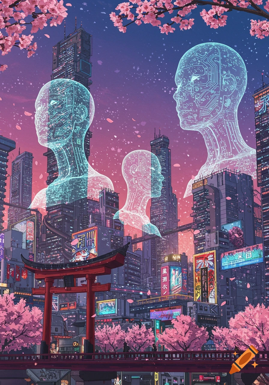 Large glowing AI heads float over a cyberpunk Tokyo cityscape with cherry blossoms.