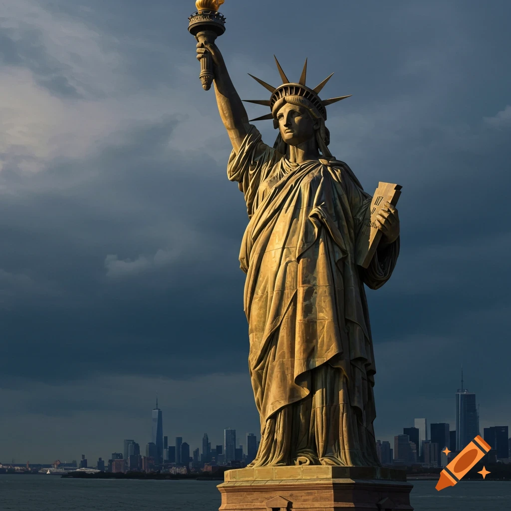 Bronze Statue of Liberty against stormy sky with New York City skyline.