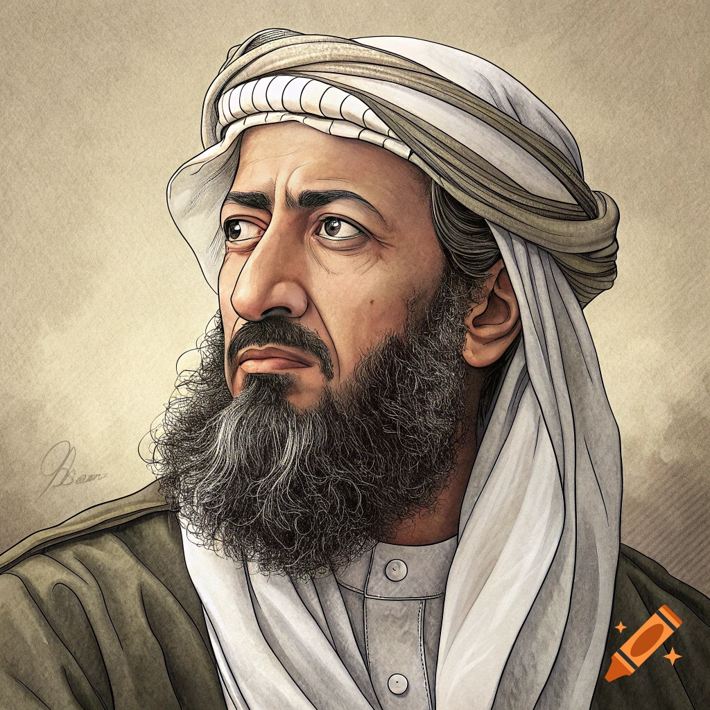 Illustration of a man with beard and turban looking left.