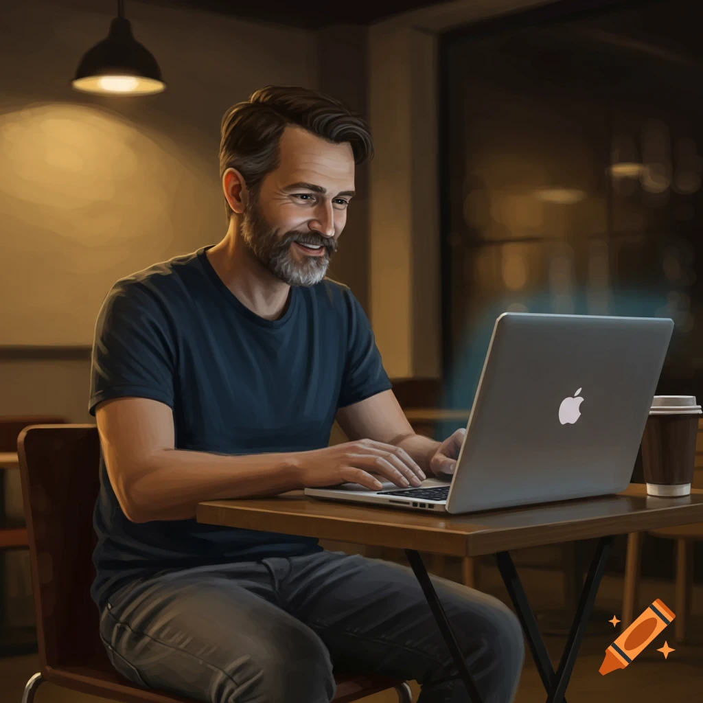 A bearded man works on a laptop at a table in a cafe, digital painting.