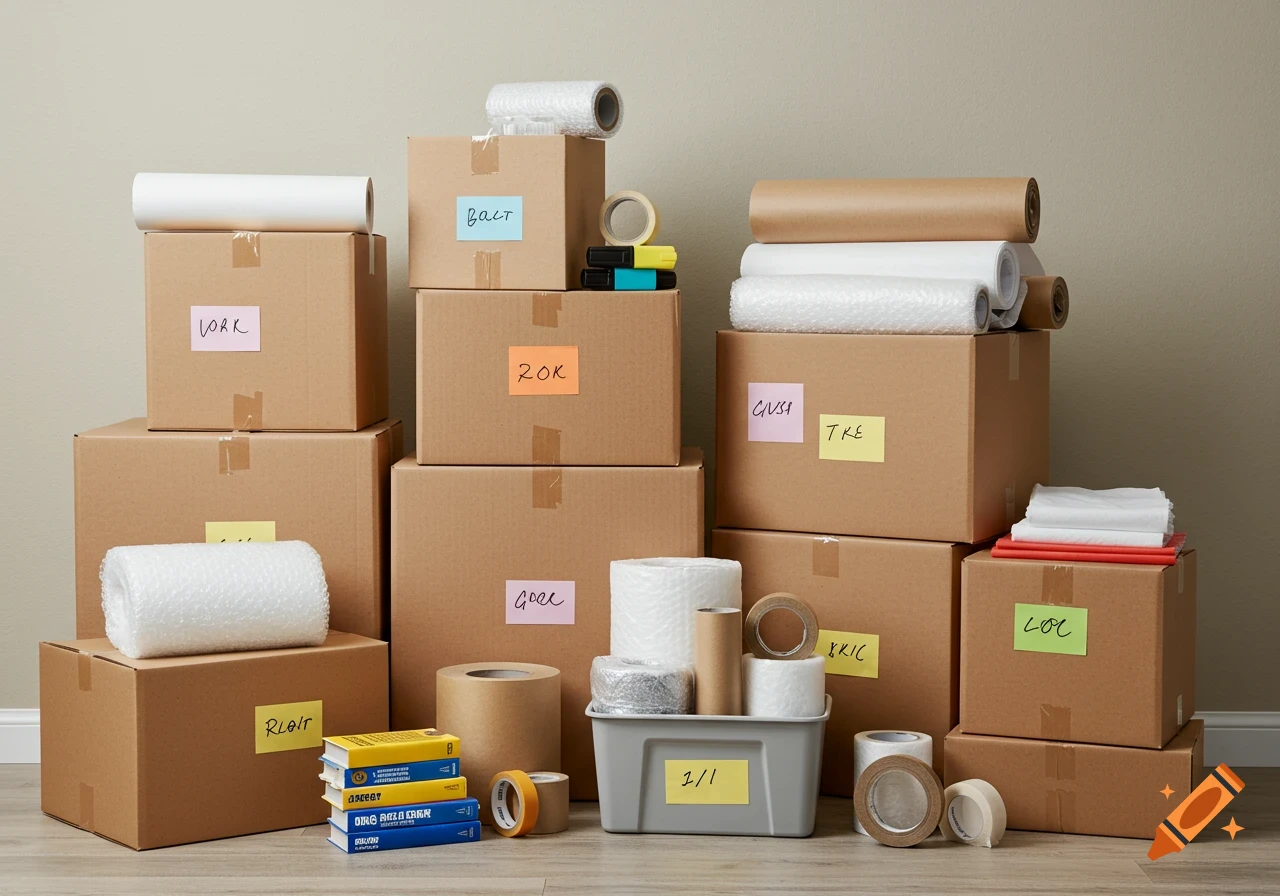 Pile of cardboard moving boxes, tape, bubble wrap, and packing supplies