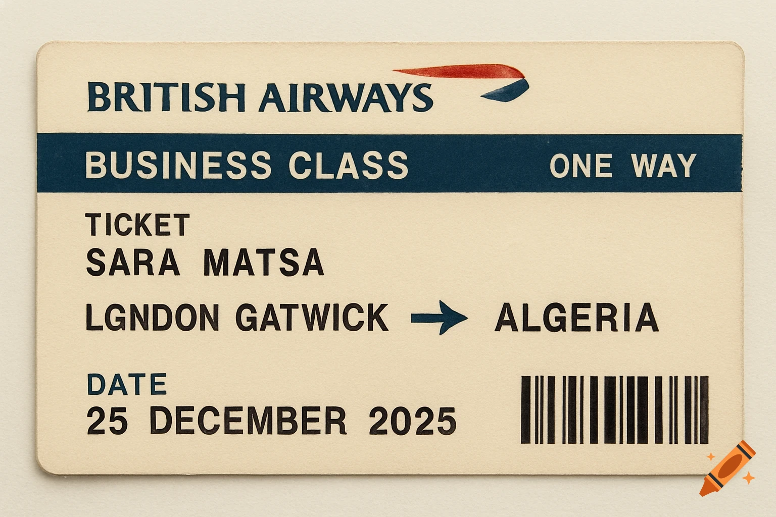 Close-up of a British Airways Business Class One Way ticket from London Gatwick to Algeria for Sara Matsa on 25 December 2025.