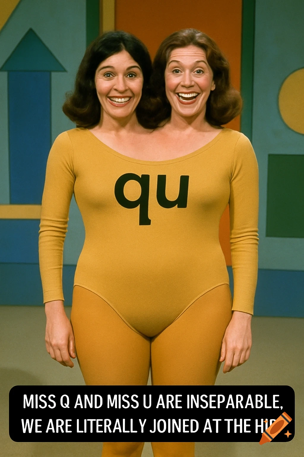 Two women in a single gold leotard outfit smile on a 1970s TV set, forming a two-headed person illusion.