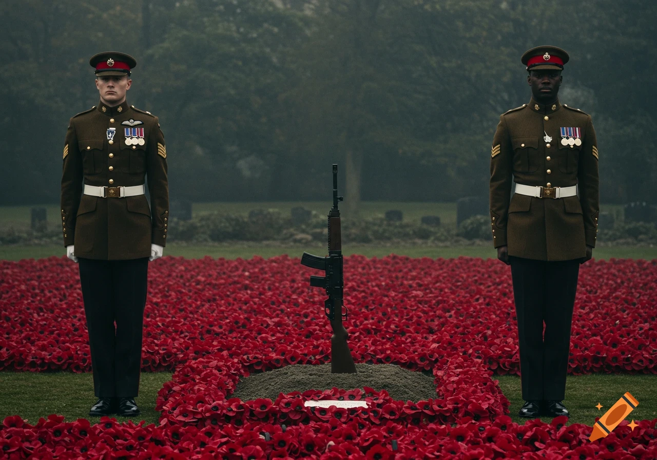 Two soldiers in uniform stand ceremonial guard over a rifle stuck in the ground, surrounded by a field of red poppies.