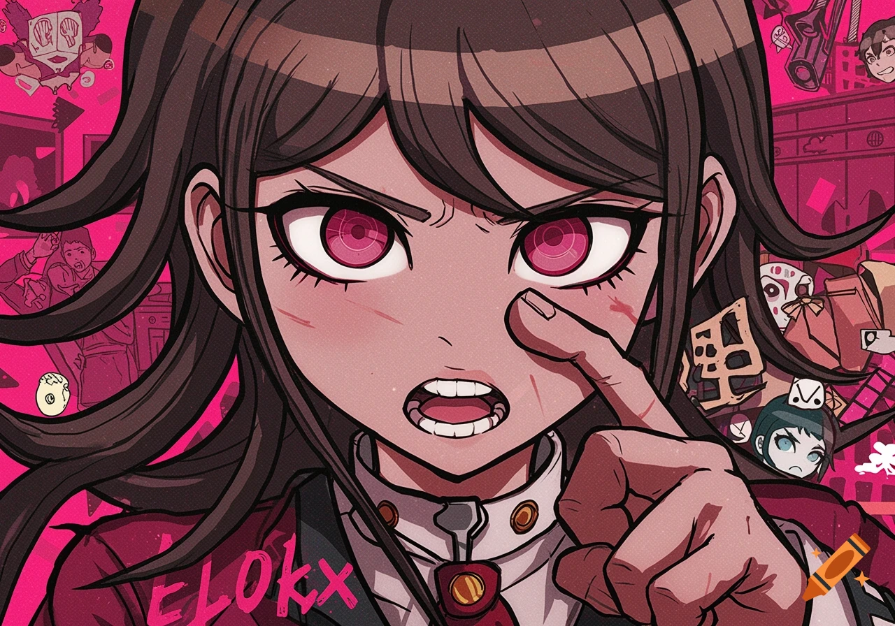 Close-up anime portrait in Danganronpa style of a girl with pink eyes, pointing at her eye, against a chaotic pink background.