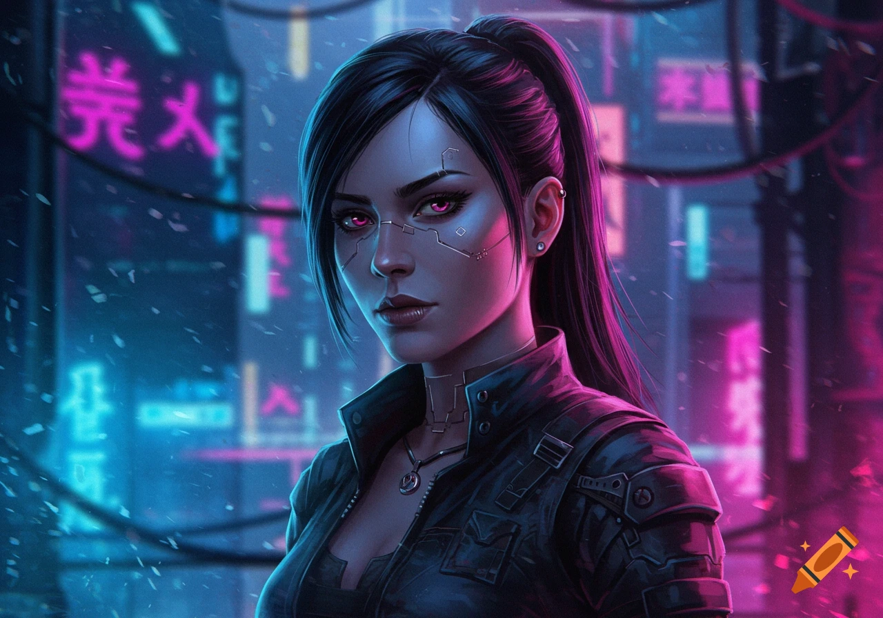 Cyberpunk woman with pink eyes and facial cybernetics in a rainy neon city.