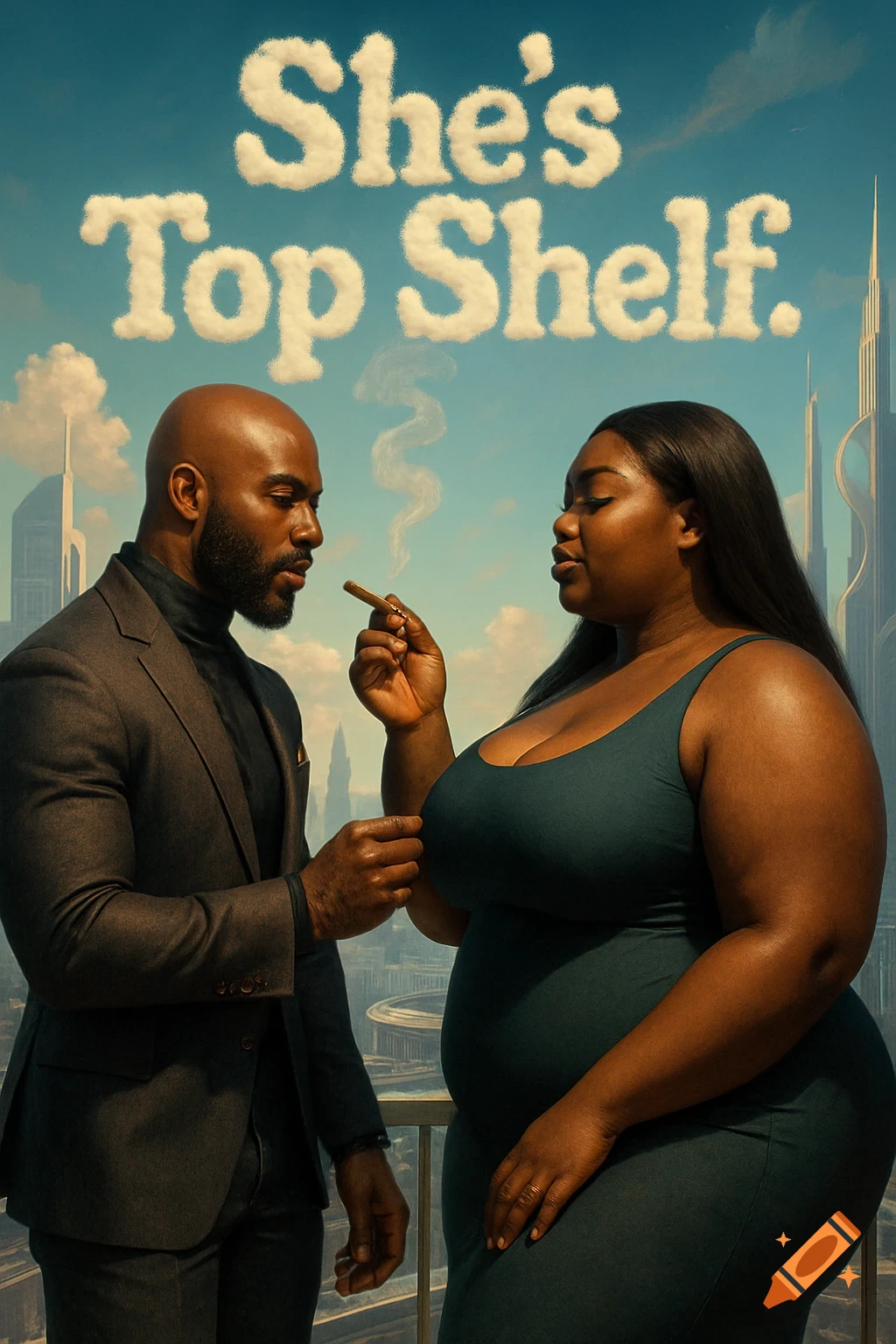 An afrofuturist couple stands on a balcony overlooking a city, with 'She's Top Shelf.' written in clouds in the sky.