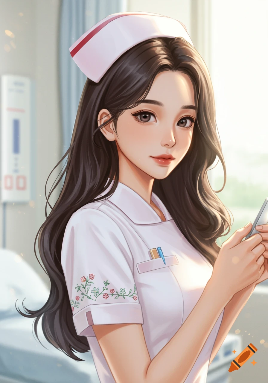 Illustration of an aesthetic young woman in a nurse uniform inside a hospital room.