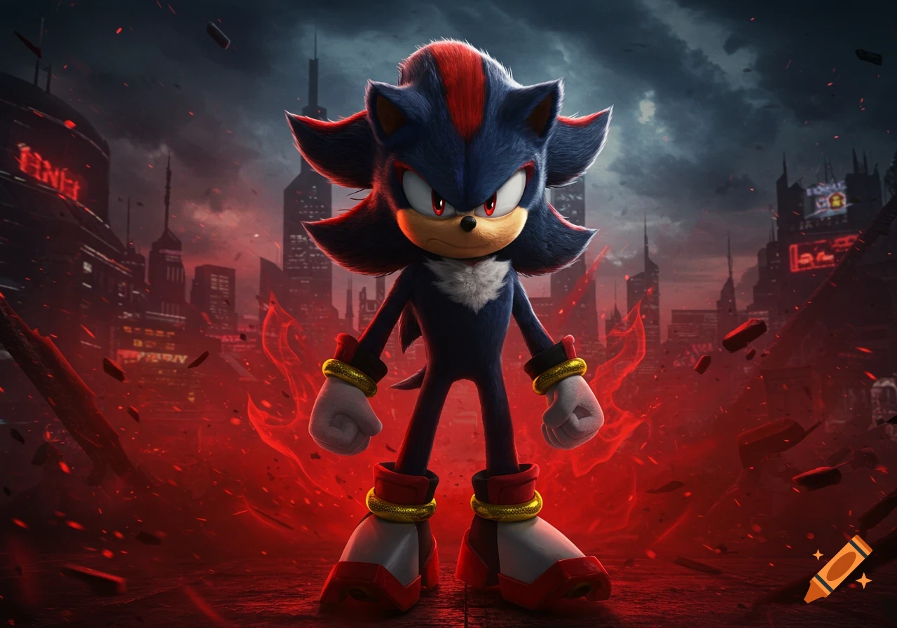 Shadow the Hedgehog stands menacingly in a destroyed cityscape under a dark sky