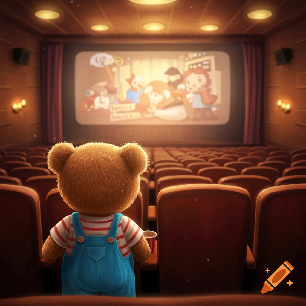 A teddy bear wearing blue dungarees sits in a cinema seat watching a movie on the big screen.