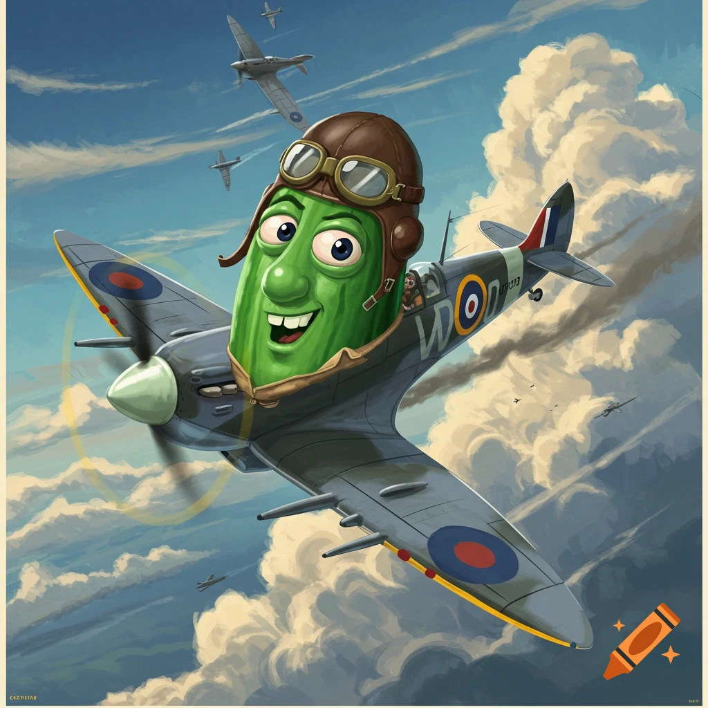 Cartoon cucumber pilot in a Spitfire airplane flying through clouds.