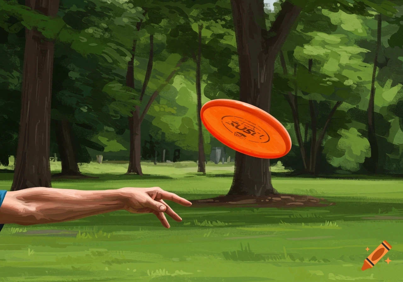 A hand throws an orange frisbee in a park, painted style