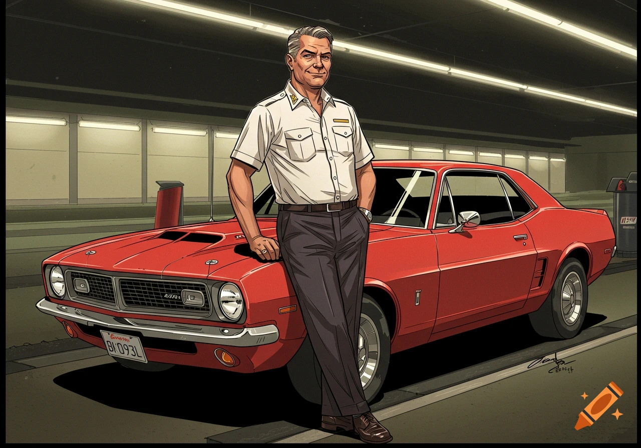 Stylized illustration of a man in a shirt leaning on a red classic car in a garage.