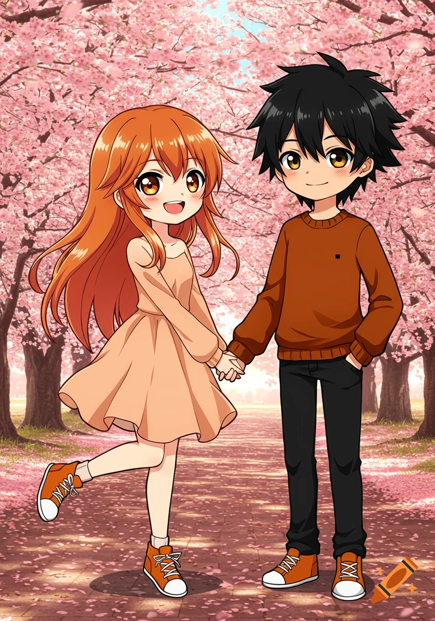 Anime couple holding hands under cherry blossom trees