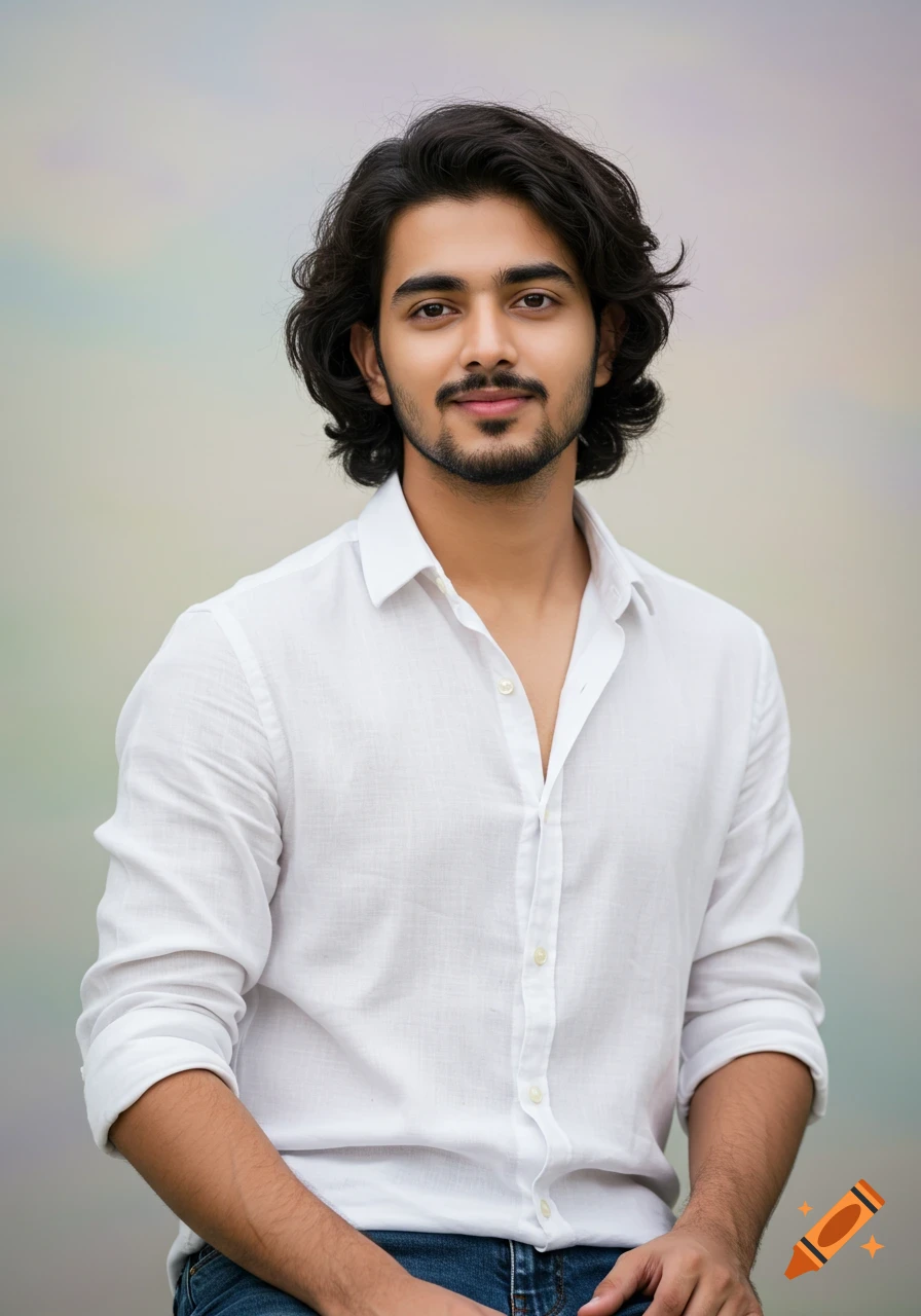 Portrait of a young man with medium length hair and a goatee wearing a white shirt