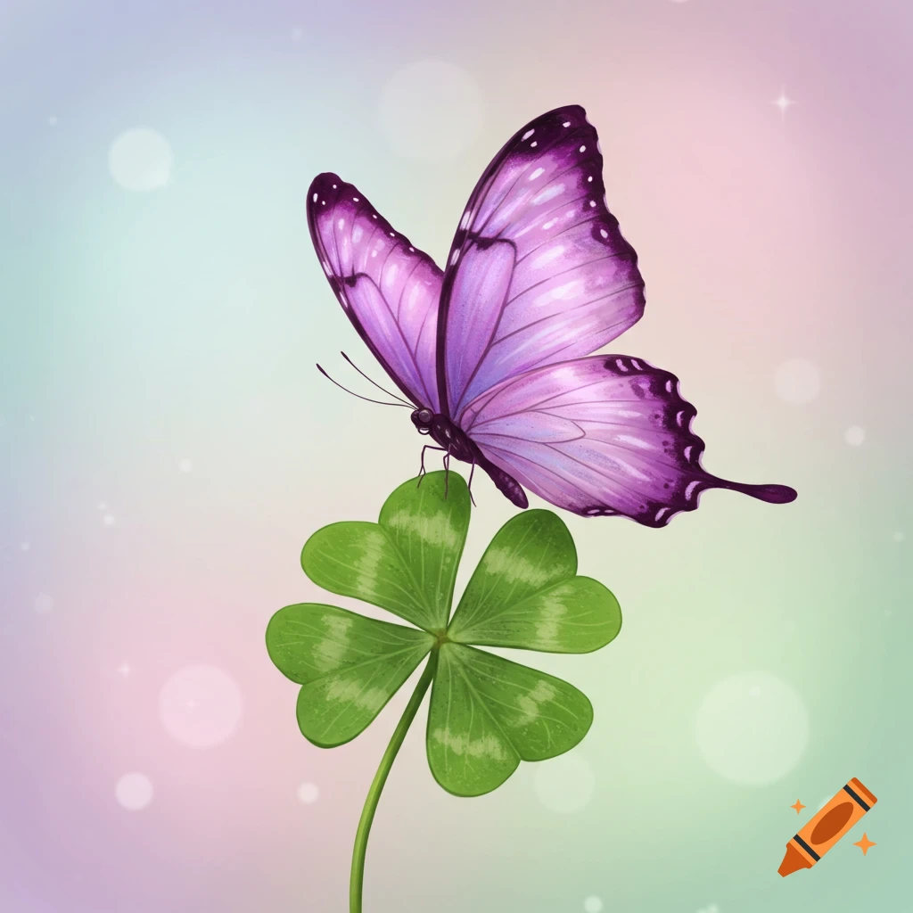Purple butterfly on a four-leaf clover against a soft bokeh background, digital illustration.