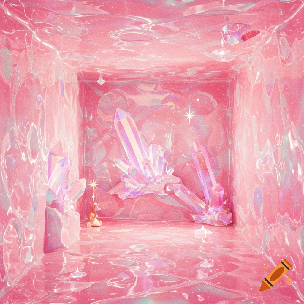 A room filled with pink, shiny, iridescent crystals and reflective surfaces.
