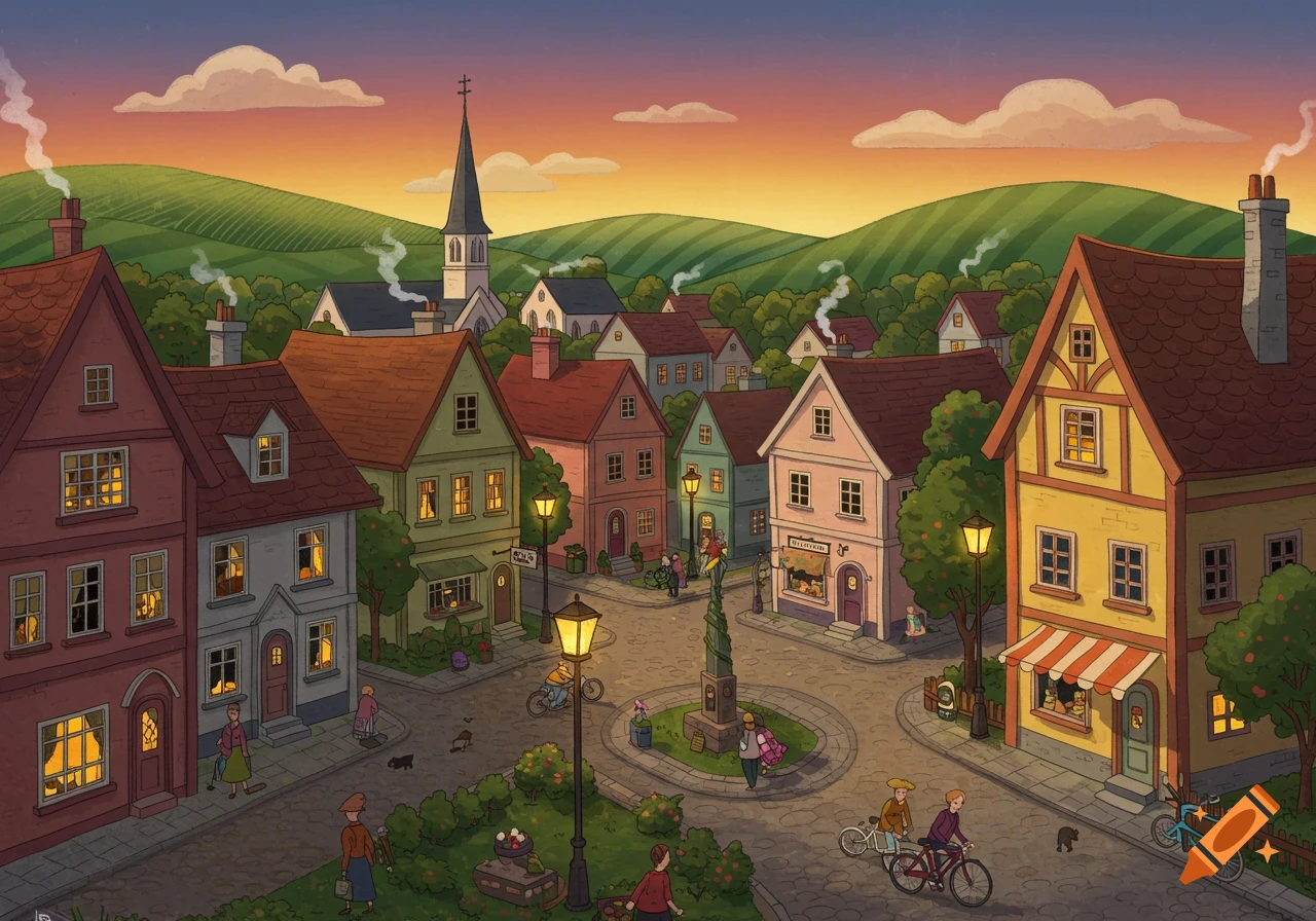 Stylized illustration of a vibrant village square at sunset with people and shops