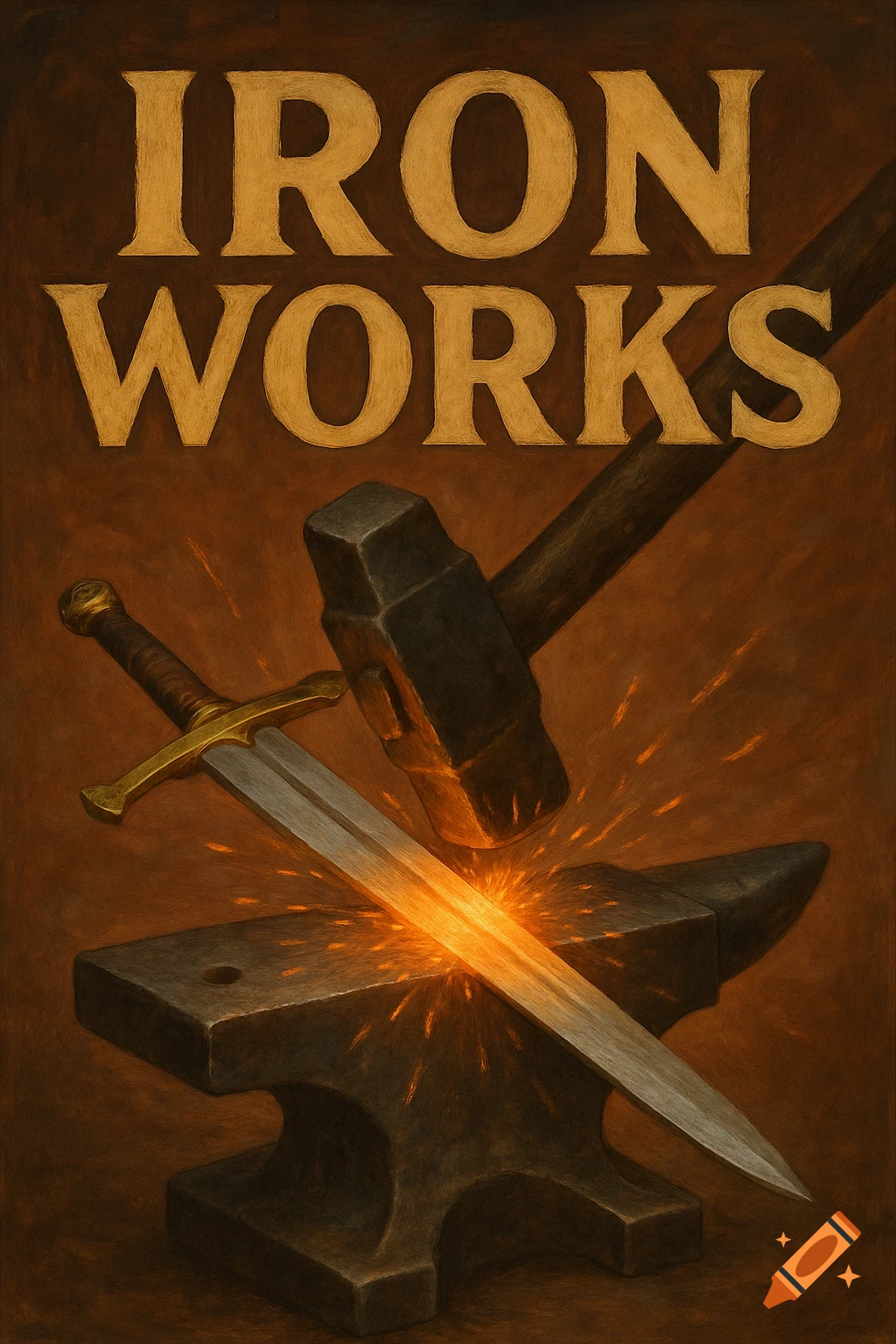 A sword on an anvil is struck by a hammer, creating sparks. The words "IRON WORKS" are above the scene. Painterly style.