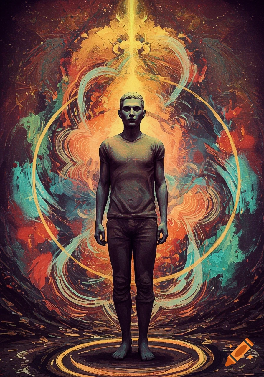 Abstract portrait of a man standing before a swirling, colorful energetic background.