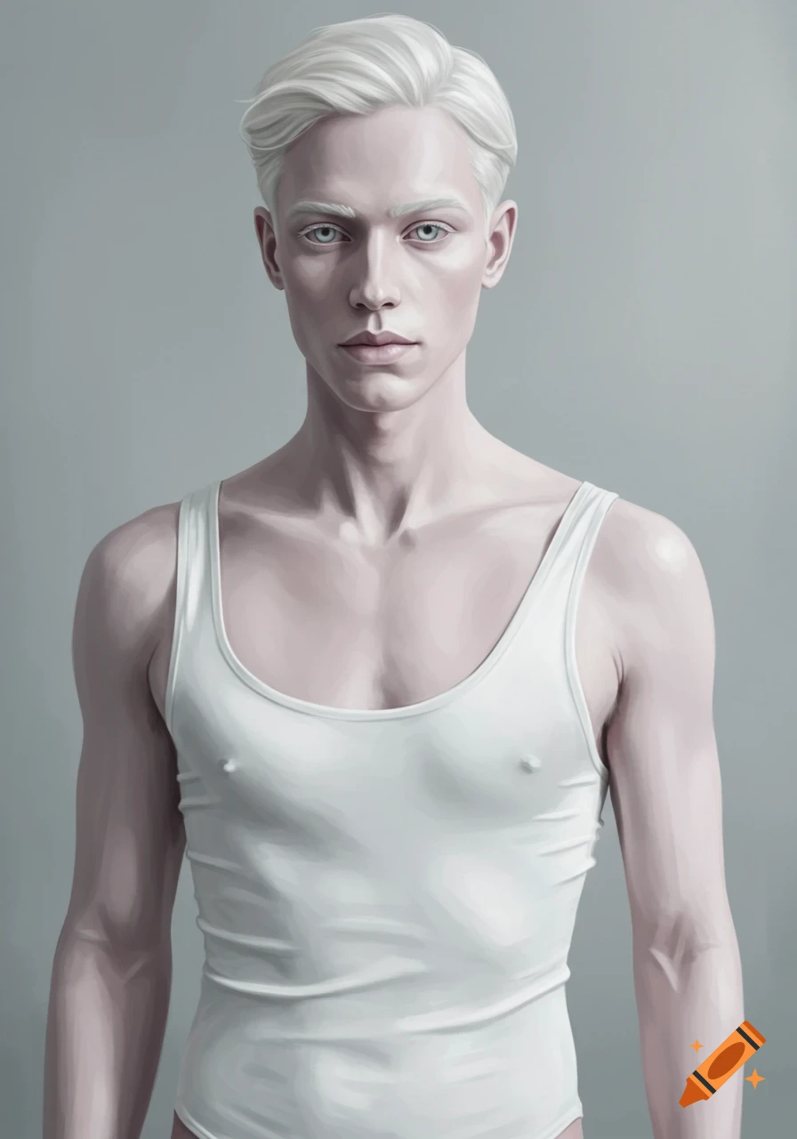 Digital painting portrait of a man with white hair and pale skin wearing a white singlet.