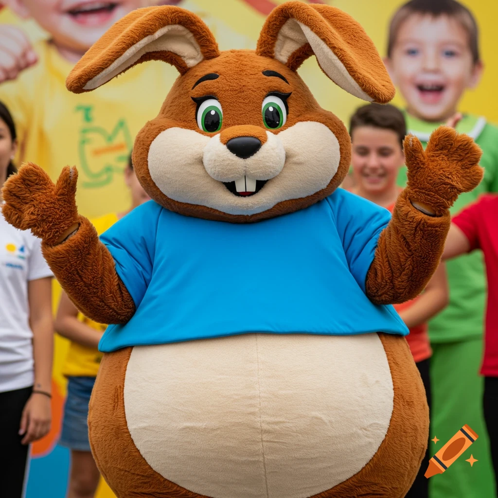 Brown rabbit mascot in blue shirt giving thumbs up in front of blurry children