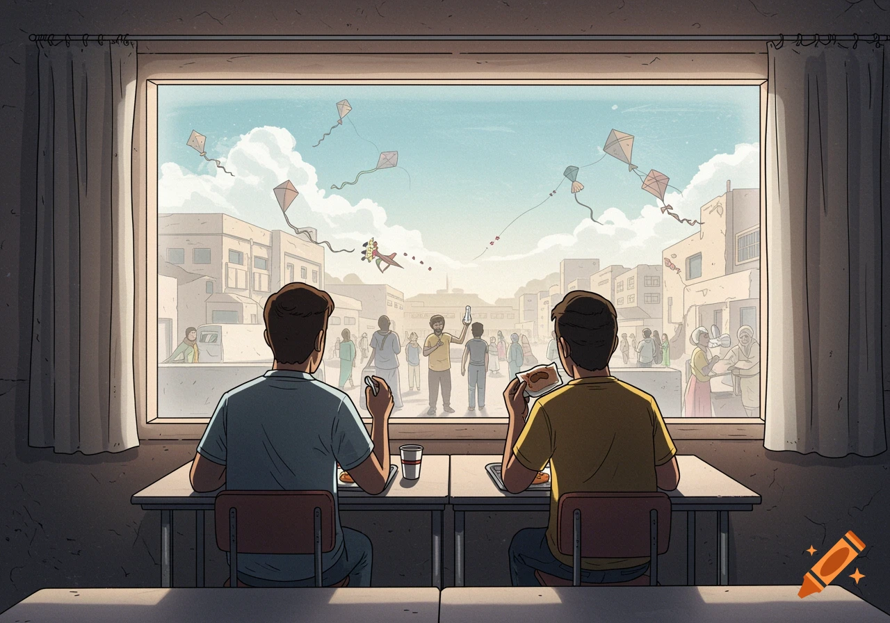 Graphic novel illustration of two people eating lunch and watching others fly kites out a window.