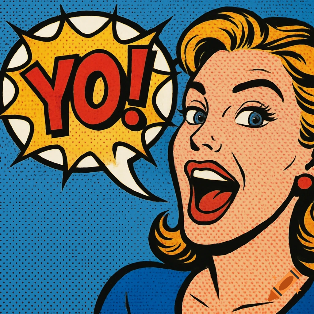Pop art illustration of a woman shouting 'YO!' in a speech bubble