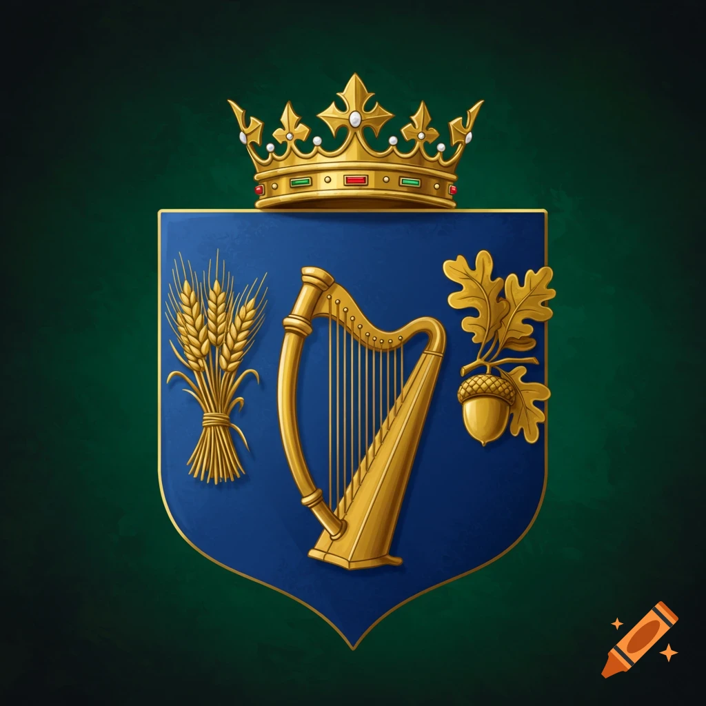 A coat of arms with a golden crown, wheat sheaf, golden harp, and oak branch with acorn on a blue shield.
