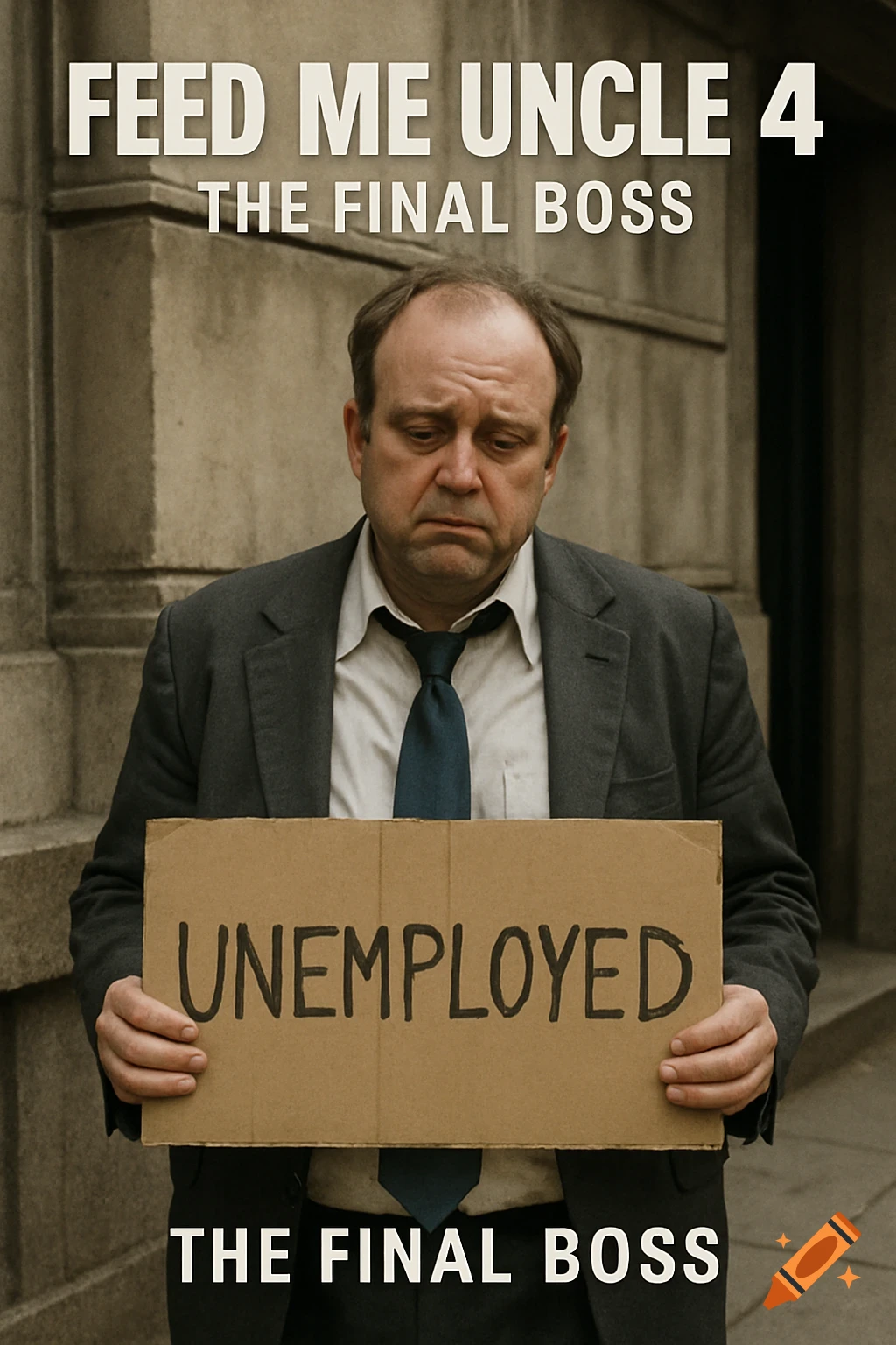 Movie poster for Feed Me Uncle 4: The Final Boss, showing a sad man in a suit holding an 'UNEMPLOYED' sign.