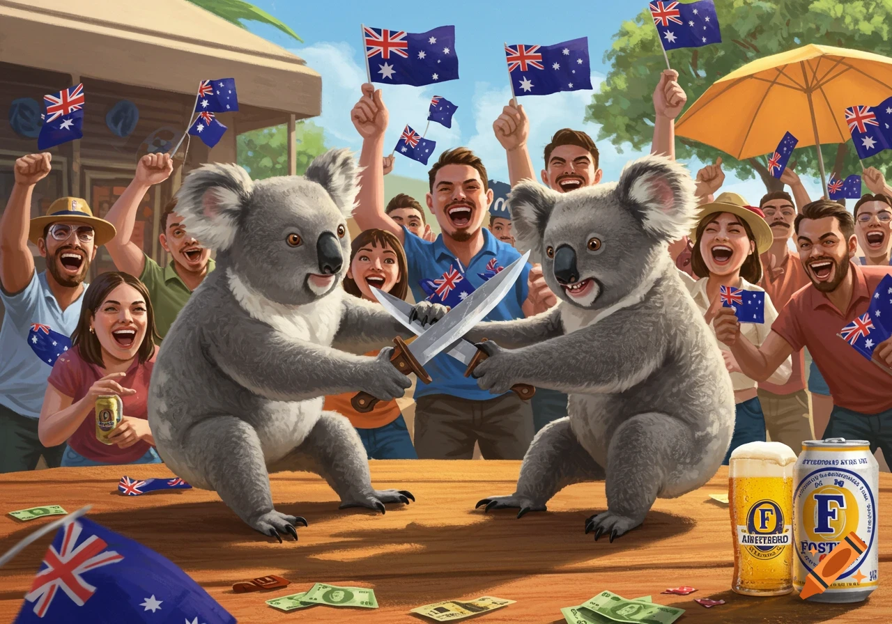 Two koalas fight with knives on a table while Australians cheer, holding flags and beer.