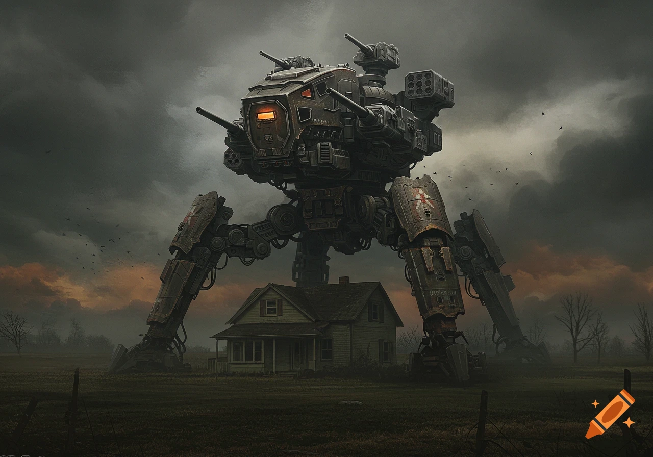 Giant four-legged mecha stands over a small house under a dark, stormy sky. Digital painting.