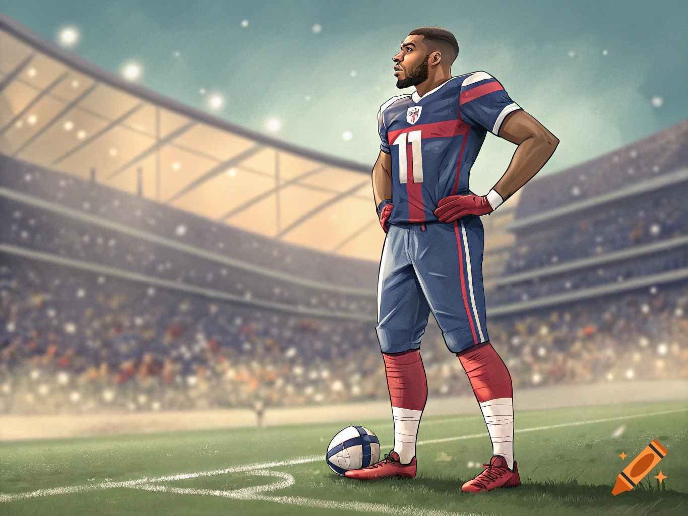 A stylized illustration of a soccer player standing in a stadium with a ball at his feet.