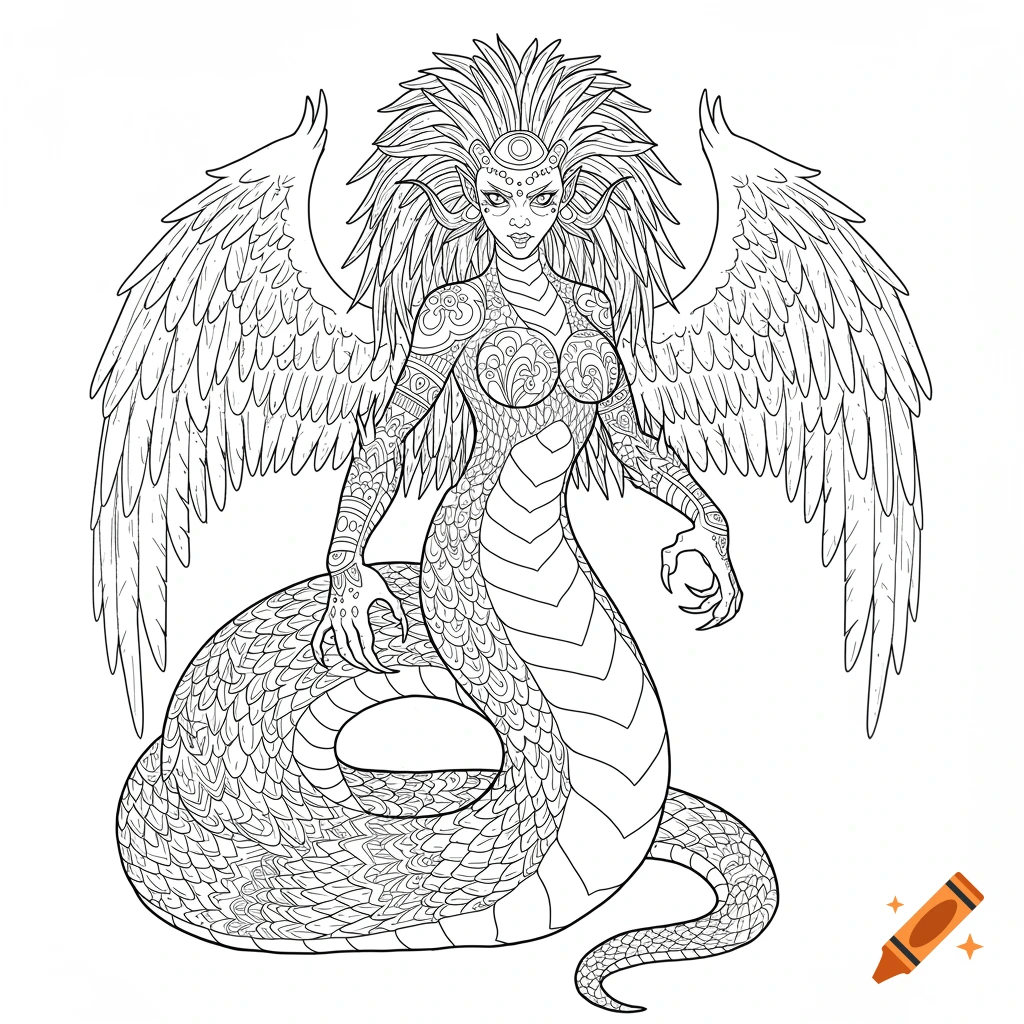 Black and white line art of the mythical creature Echidna, a winged half-woman, half-snake.