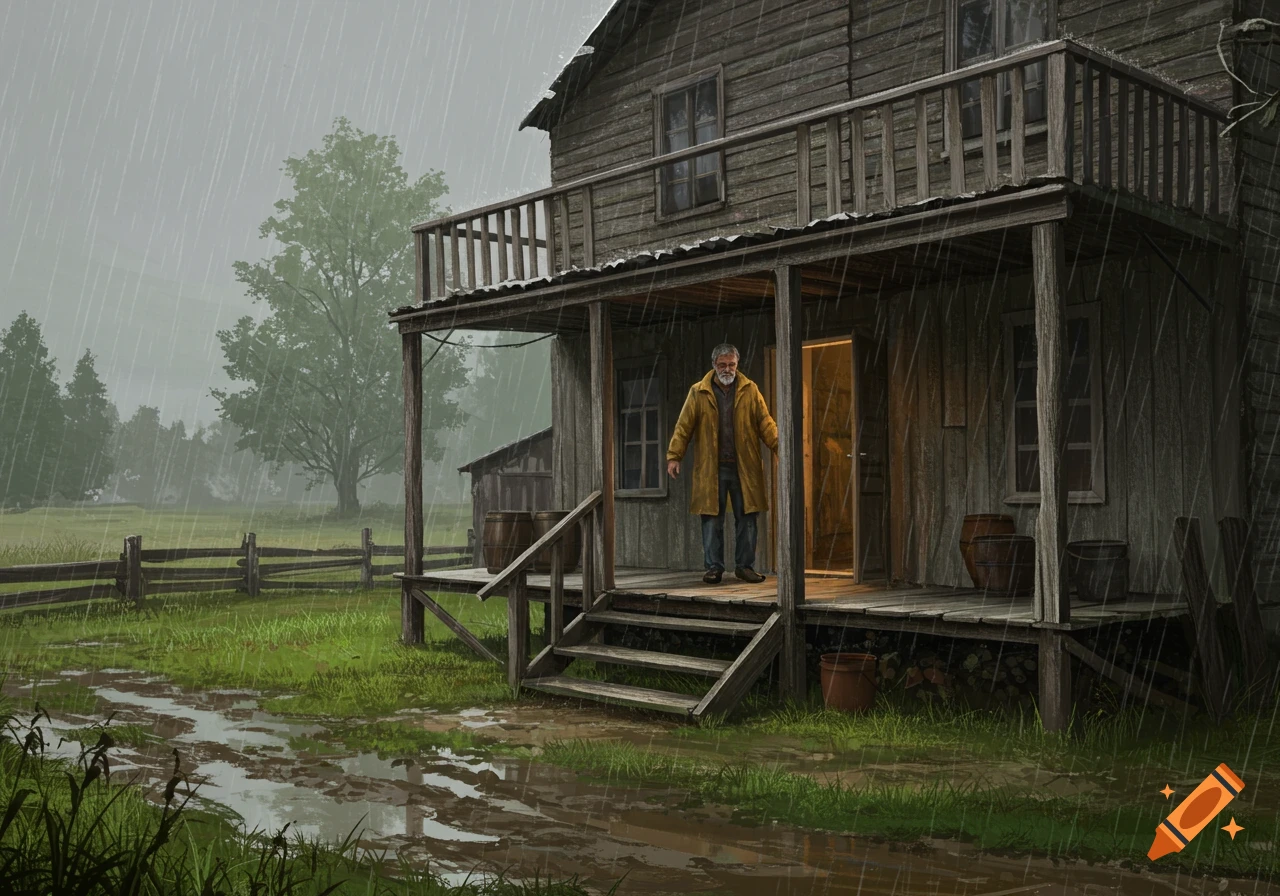 A man in a yellow coat stands on the porch of a rural house during heavy rain.