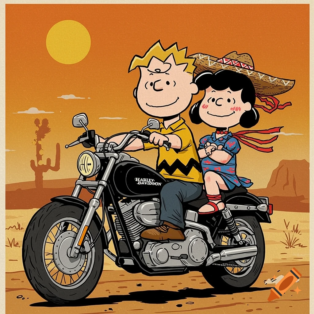 Cartoon of Charlie Brown and Lucy riding a Harley Davidson motorcycle through the desert.