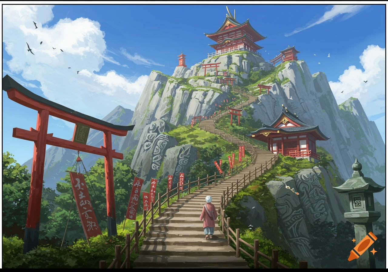 An illustration of a person walking up stairs towards a Japanese temple complex on a mountain, lined with torii gates and banners.