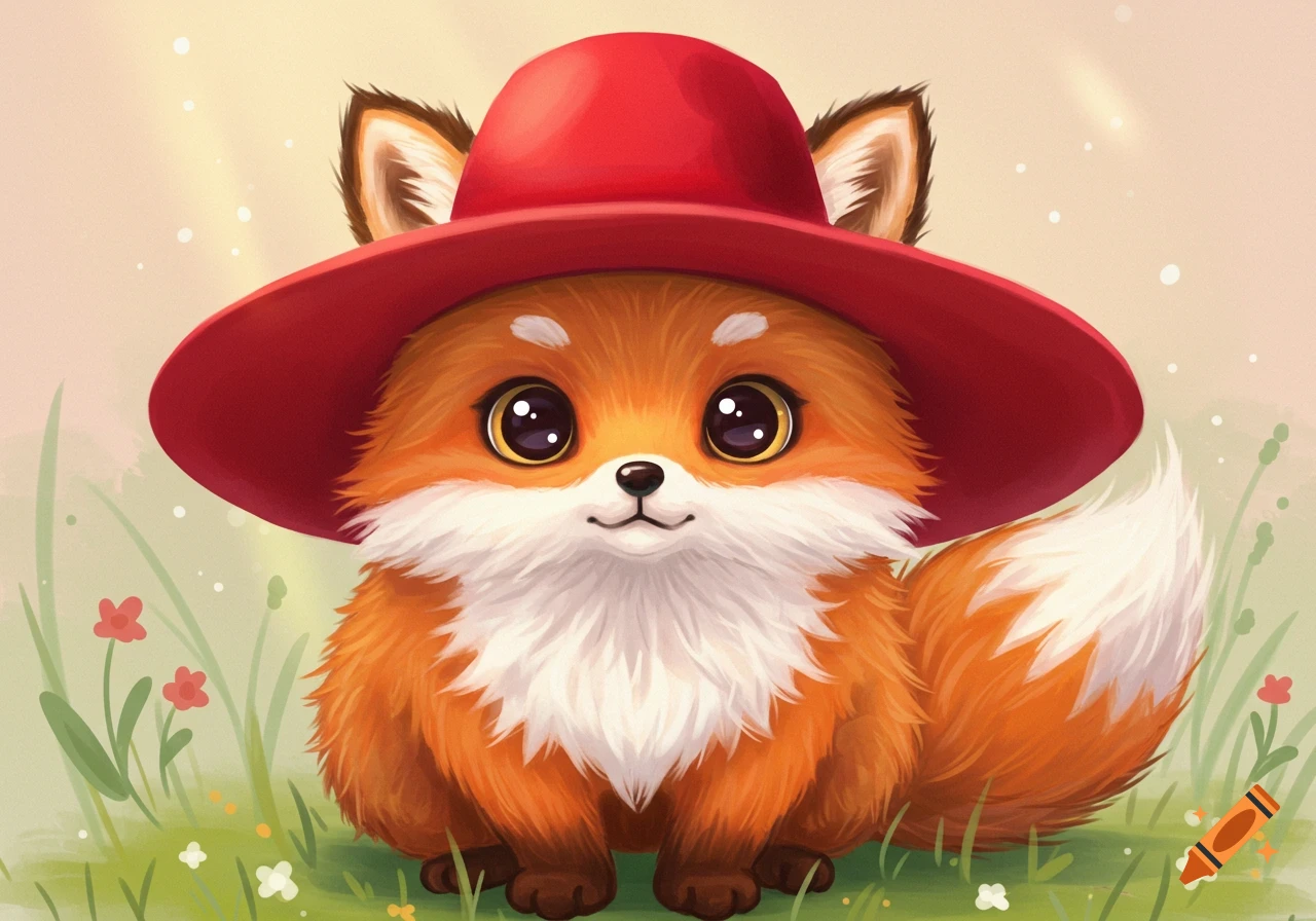 A cute, fluffy orange fox wearing a red hat sits in green grass with flowers, in a stylized illustration.