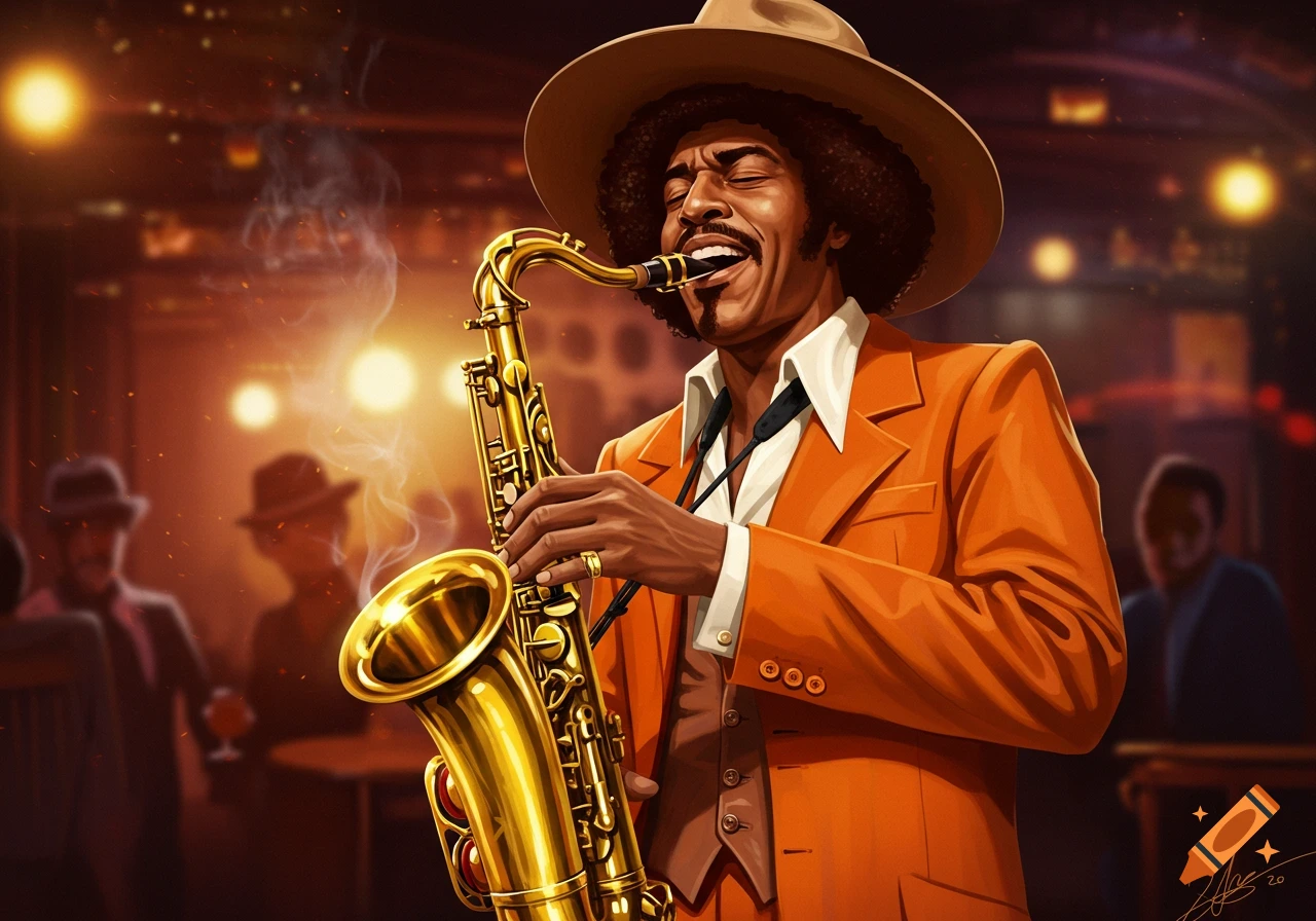 Illustrative portrait of a man in an orange suit playing a saxophone in a smoky jazz club.