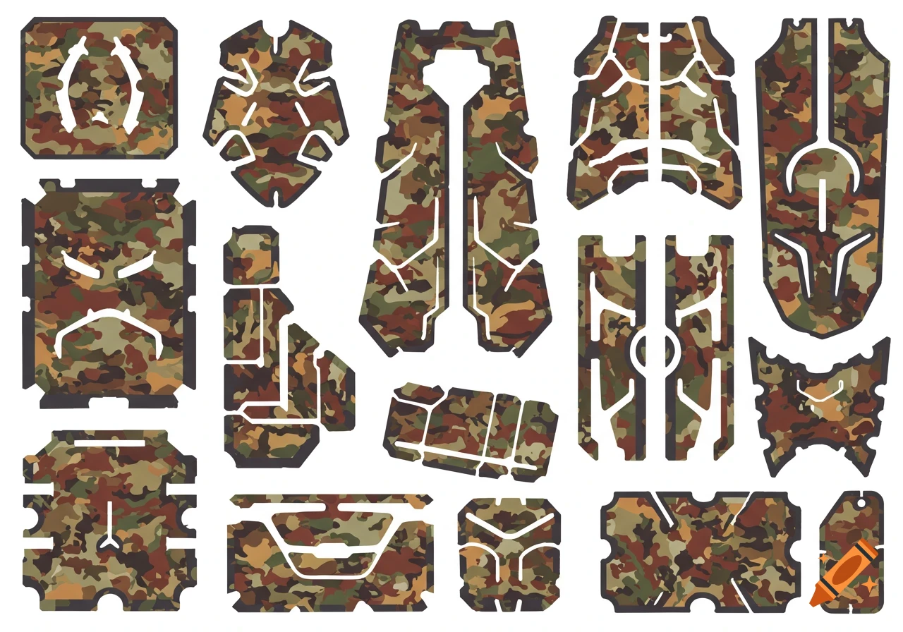 Collection of abstract stencil shapes covered in a camouflage pattern.