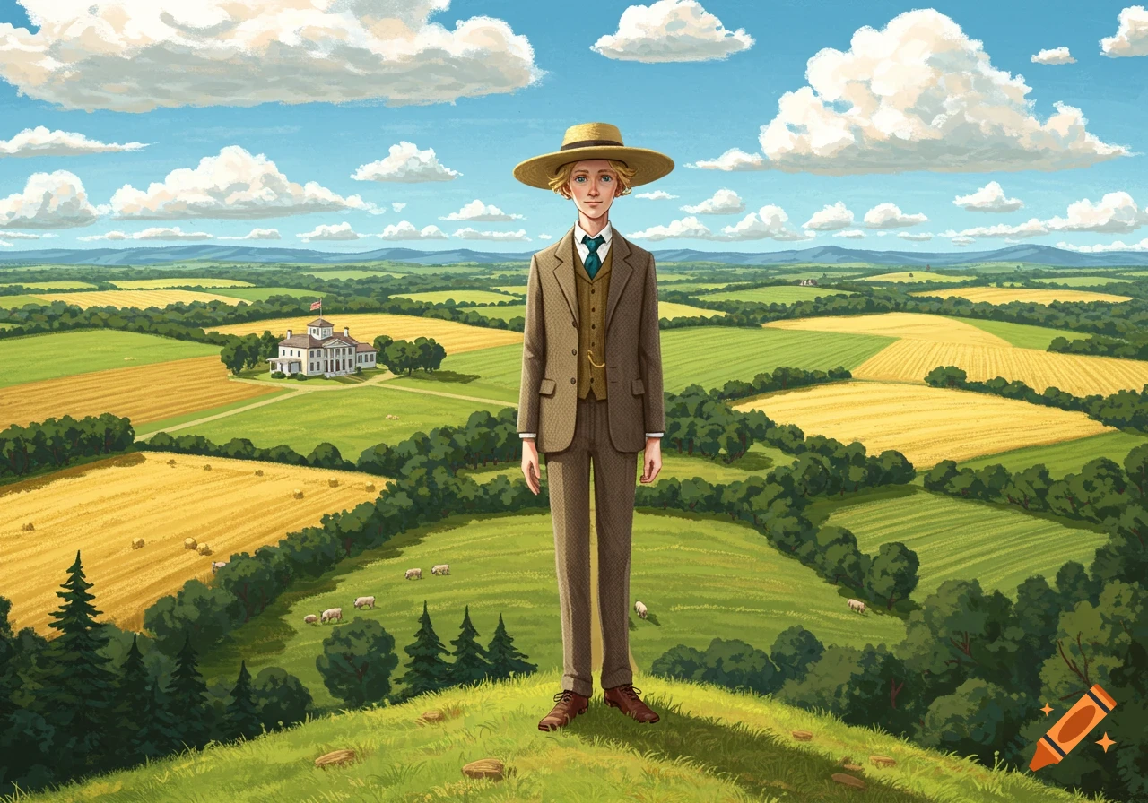 A skinny blonde man in a suit stands on a hill overlooking a vast rural landscape with fields, a house, and sheep. Illustrative style.