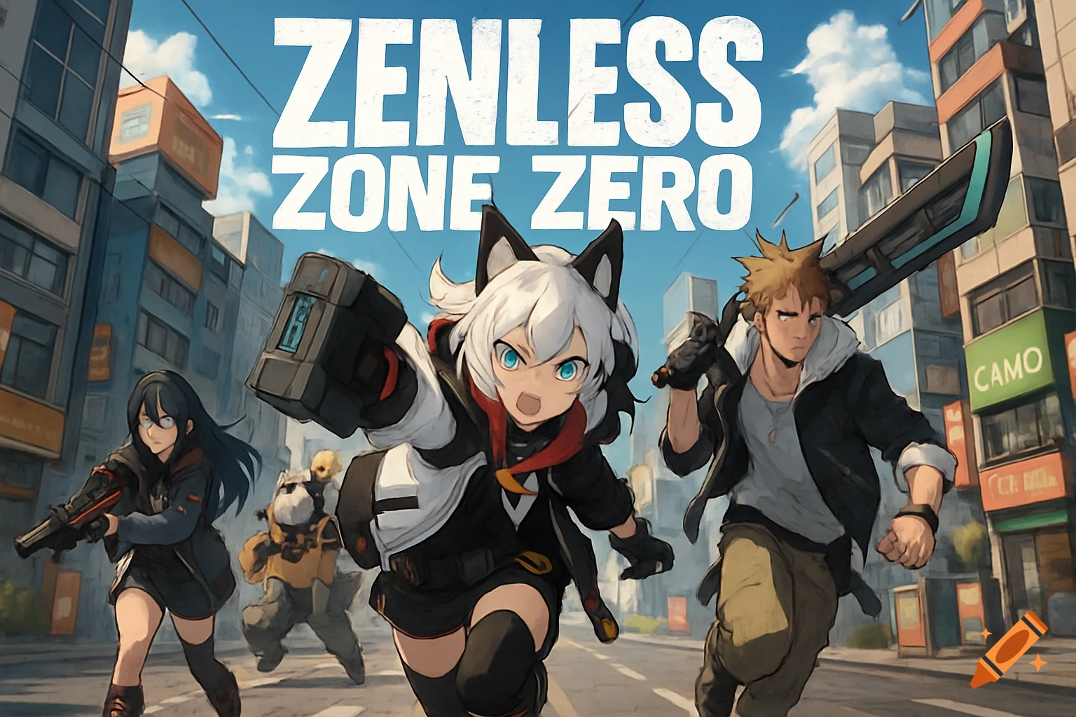 Anime characters run through a city street under the title ZENLESS ZONE ZERO. Features a girl with cat ears.