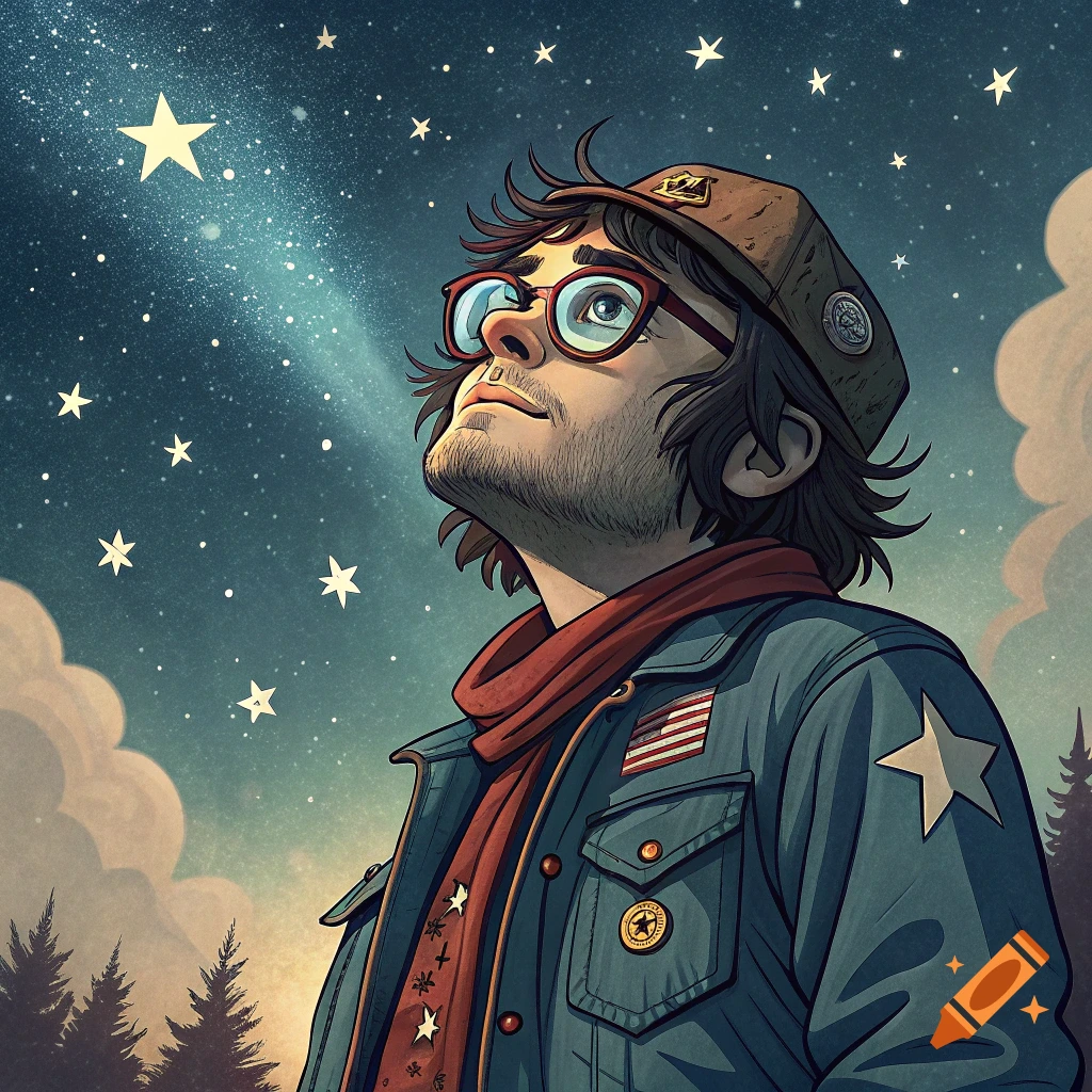 Illustration of a man in a hat and glasses looking up at a starry sky.