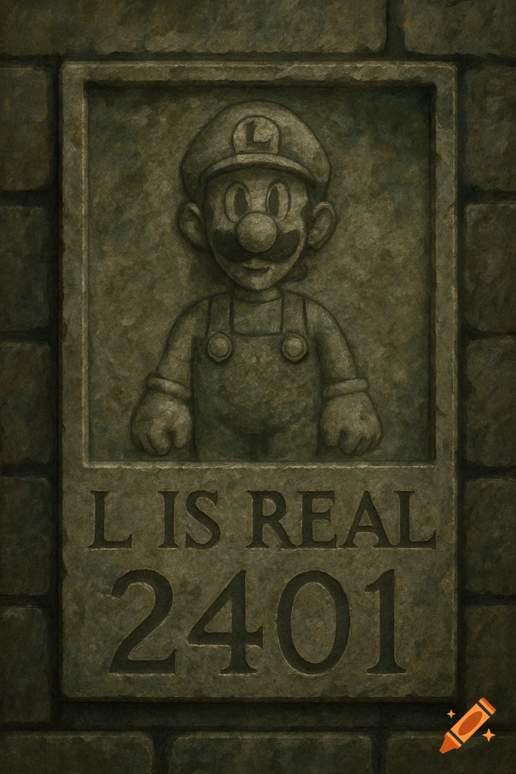 Stone carving of Luigi on a wall with the text "L IS REAL 2401" below it.
