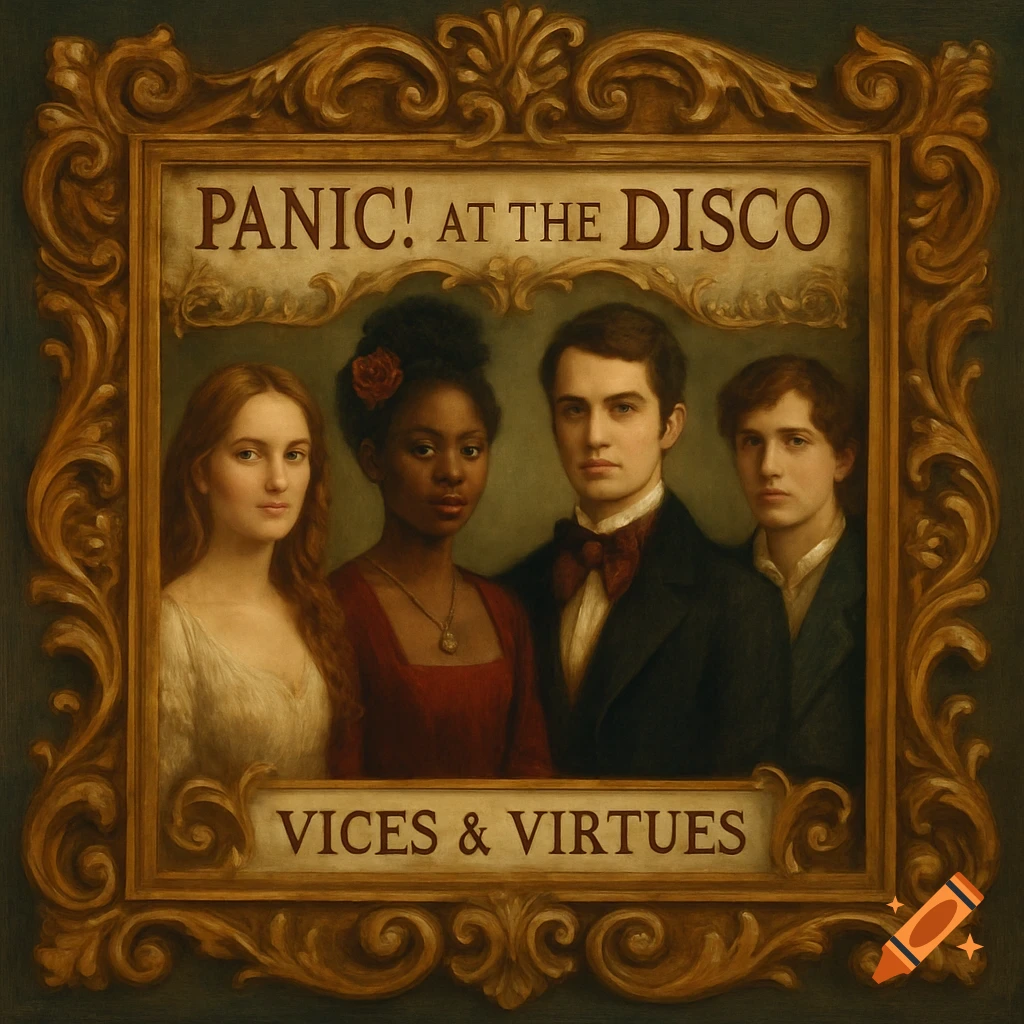 Painting of four people in an ornate frame with text 'PANIC! AT THE DISCO' and 'VICES & VIRTUES'.